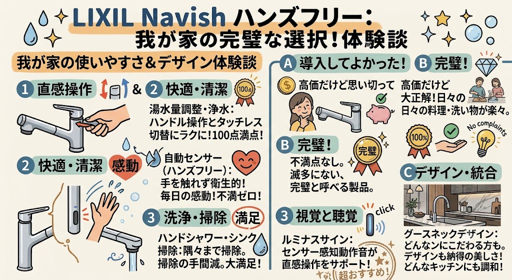 自動センサー付きリクシルナビッシュハンズフリーは高価ですが思い切って導入してよかった設備のひとつです。
毎日の料理や洗い物、浄水の利用が劇的にラクになりました。
タッチレスは手を触れなくて済むので、衛生面でも大変良いです。
ナビッシュを使い始めていままで、不満な点は全くありません。
本当に滅多にない、完璧と呼べる製品のひとつです。