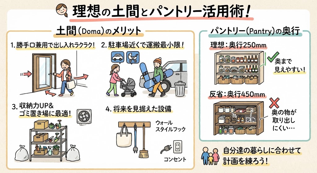 【まとめ】勝手口を兼ねた土間を作ってゴミ捨ての効率アップ、ヒンヤリ土間は食材保管にも最適です。