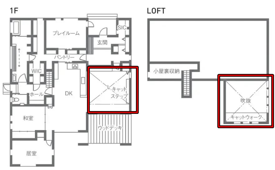 アキュラホームさんの3LDK平屋注文住宅のキャットステップ、キャットウォームの間取り図