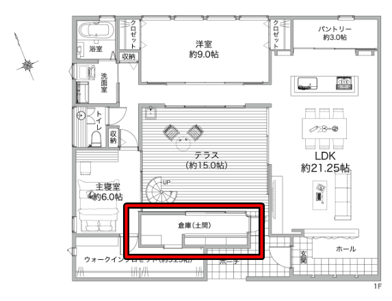 栃木建築社さんの平屋「中庭を囲んで回遊する家」の倉庫（土間）の間取り図