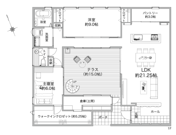 栃木建築社さんの平屋「中庭を囲んで回遊する家」の間取り図