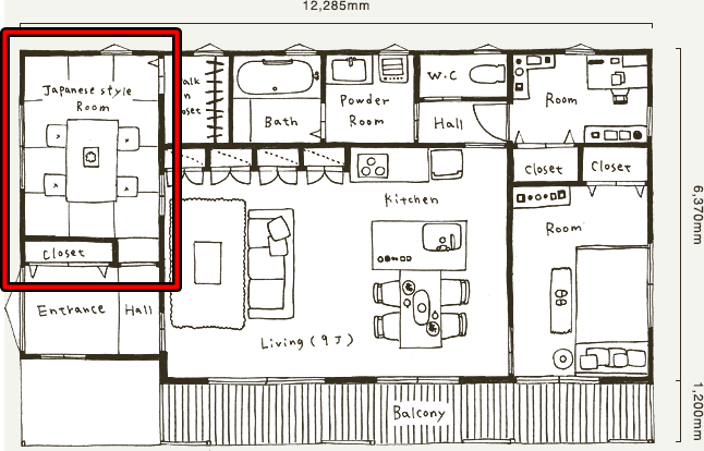 ジョイナスホームさんの平屋「四季～HIRAYA～」の和室の間取り図