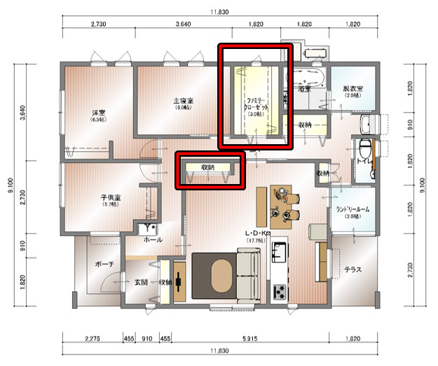 メイクハウスさんの平屋「ランドリールームがある住みごこちのいい家」のファミリークローゼットとリビング収納間取り図
