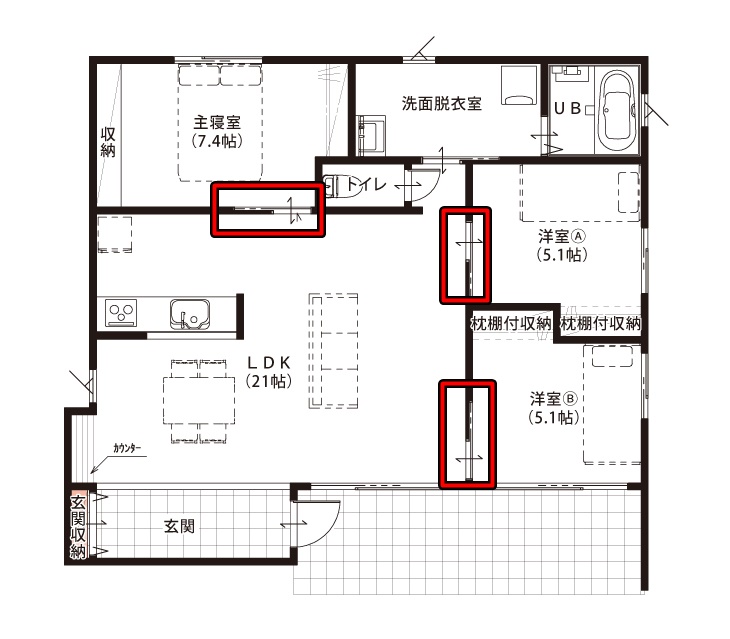 TAKASUGI（タカスギ）さんの「家族みんなが集まる リビング中心の平屋建て」の廊下レスで引き戸のつながり