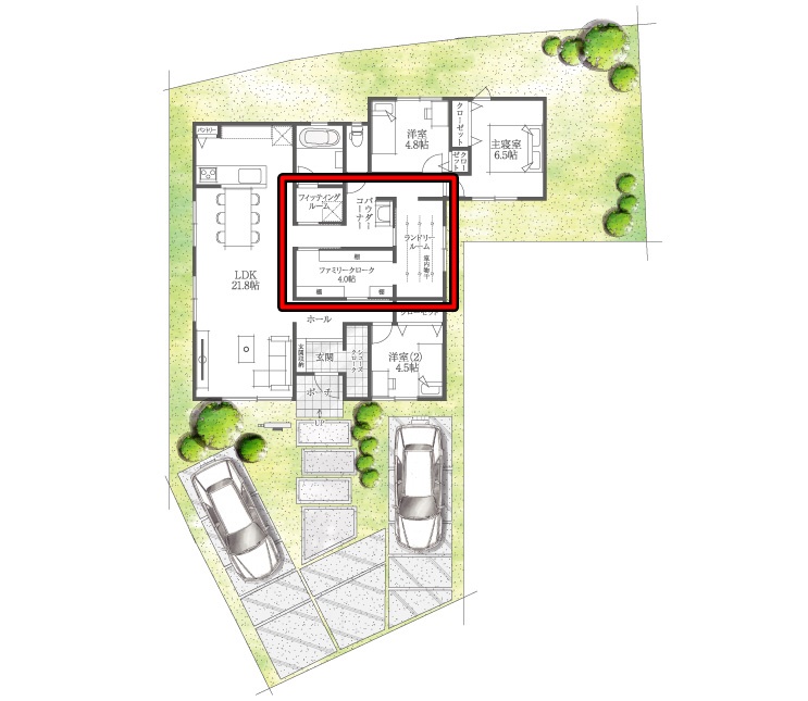 小林住宅さんの「ワンフロアの生活 平屋タイプ」の中央にあるファミリークローゼットとランドリールームの間取り図