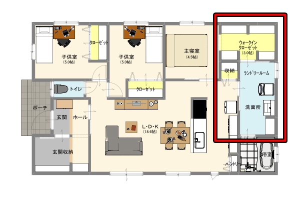 デイジャストハウスさんの「25坪平屋」のランドリールーム隣にあるウォークインクローゼットの間取り図