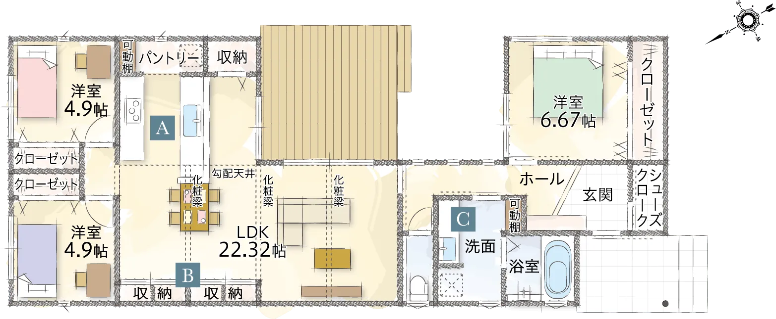 敷島住宅さんの平屋「HIRABIYA コの字の家」の間取り図