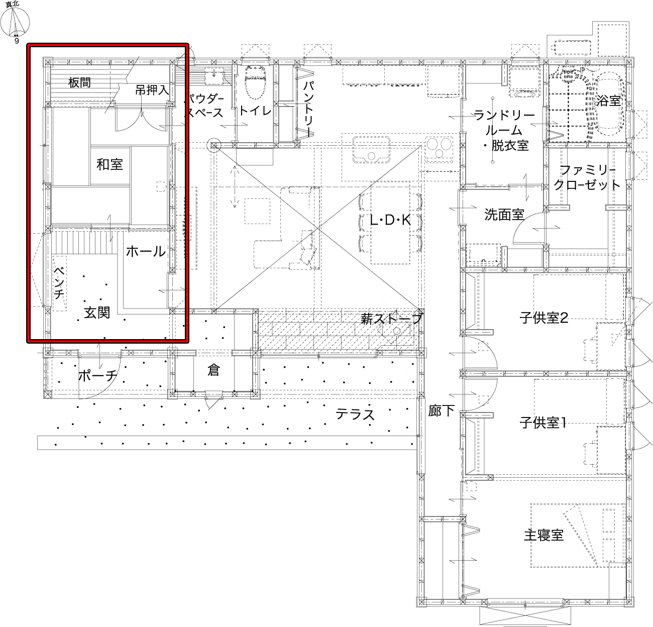 丸和建設さんの平屋「川内天辰モデルハウス」の玄関正面にひろがる和の空間の間取り図