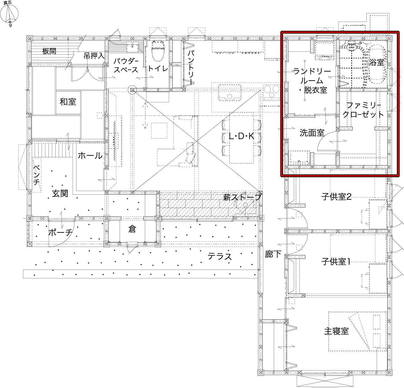 丸和建設さんの平屋「川内天辰モデルハウス」のランドリールームと隣接したファミリークローゼットの間取り図