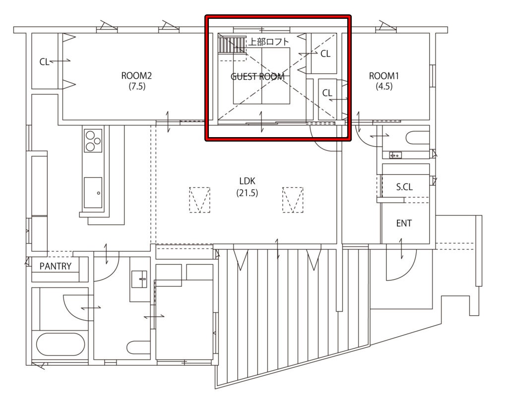 香椎建設さんの「光差し込む平屋」のシアタールームになるロフトスペースの間取り図