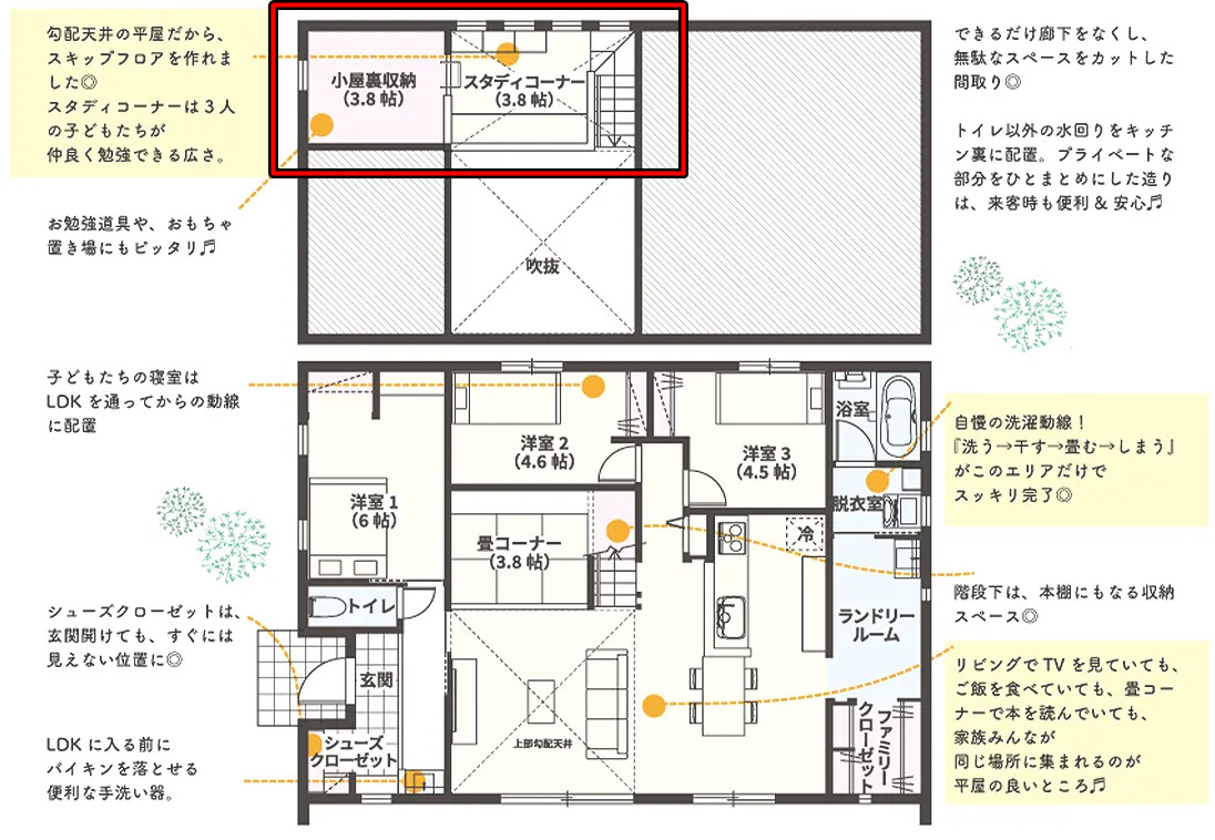 悠悠ホームさんの平屋「PLAN #02」の小屋裏収納と並んだスタディコーナーの間取り図