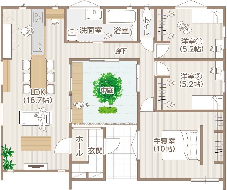 アサヒグローバルホームさんの「緑と暮らす平屋」の間取り図
