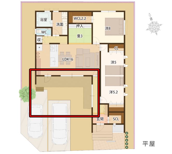 日進堂さんの「それぞれの空間が心地よくつながる平屋」のL字のウッドデッキ