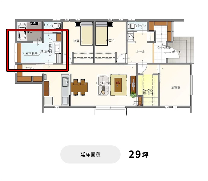 縦横に伸びた室内物干し可能な洗面所