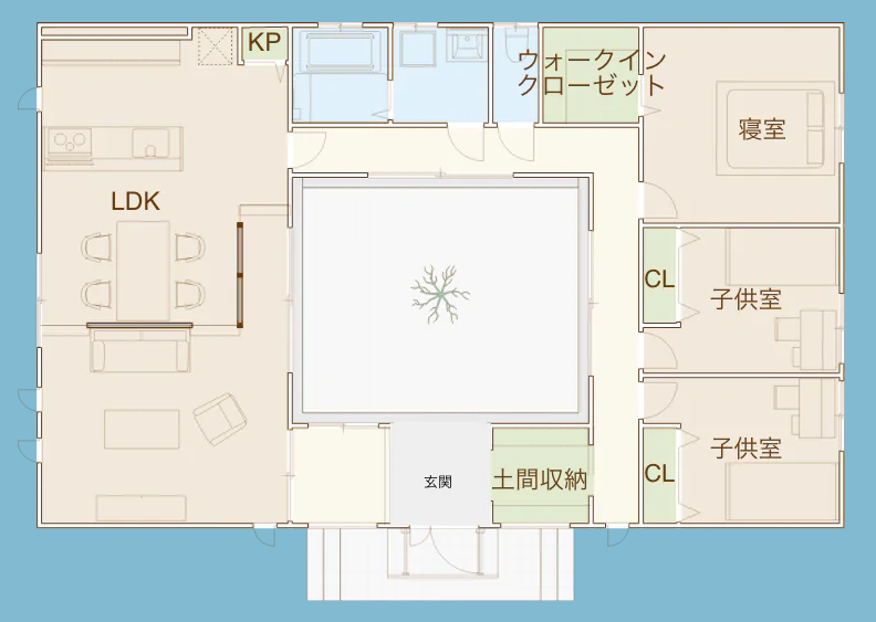 小向建設さんの「コートヤードを中心とした プライベートな時間が満喫できる平屋」の間取り図