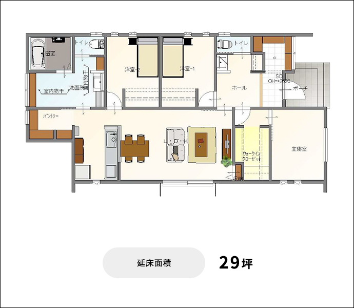 東建ビルダーさんの「デザインと機能性を愉しむ平屋の家」の間取り図