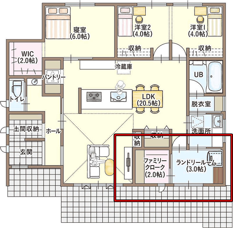 サンエルホームさんの平屋「ヴィンテージナチュラルスタイル」のランドリールーム＋ファミリークロークの間取り図