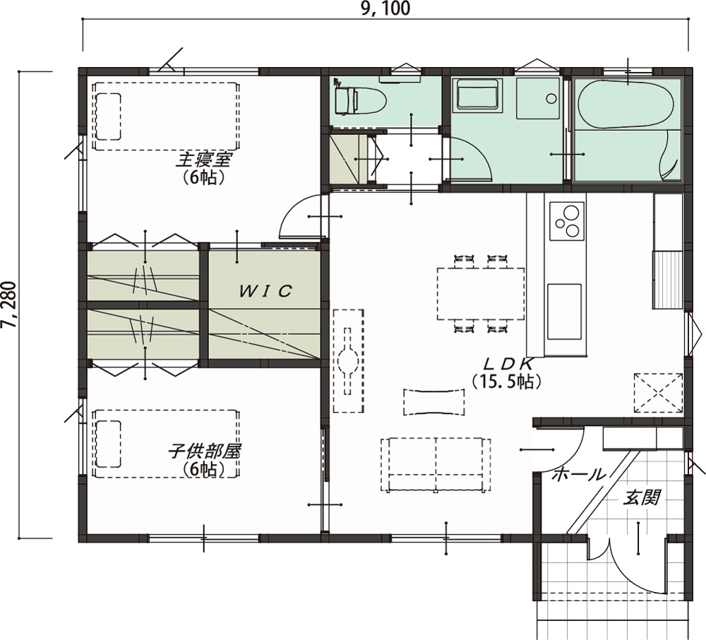 石井工務店さんの平屋「家族を感じるコンパクトプラン」の間取り図