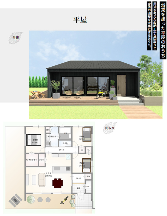 大雄建設さんの「将来を想った平屋のおうち」の外観と間取り図