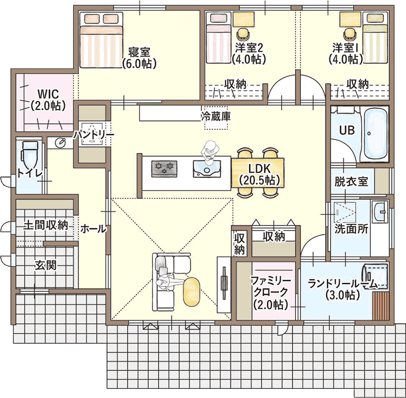 サンエルホームさんの平屋「ヴィンテージナチュラルスタイル」の間取り図