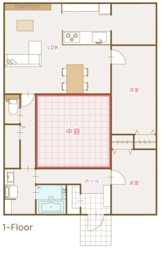 ハスカーサさんの「中庭のある平屋」の間取り図