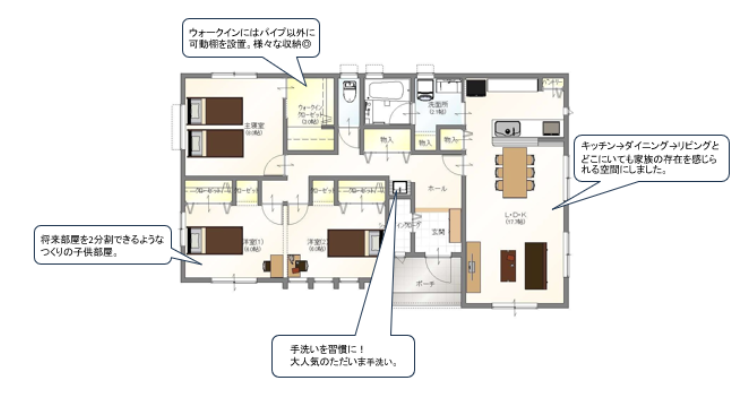 イサカホームさんの「玄関ホールにただいま手洗い 収納充実の平屋」の間取り図