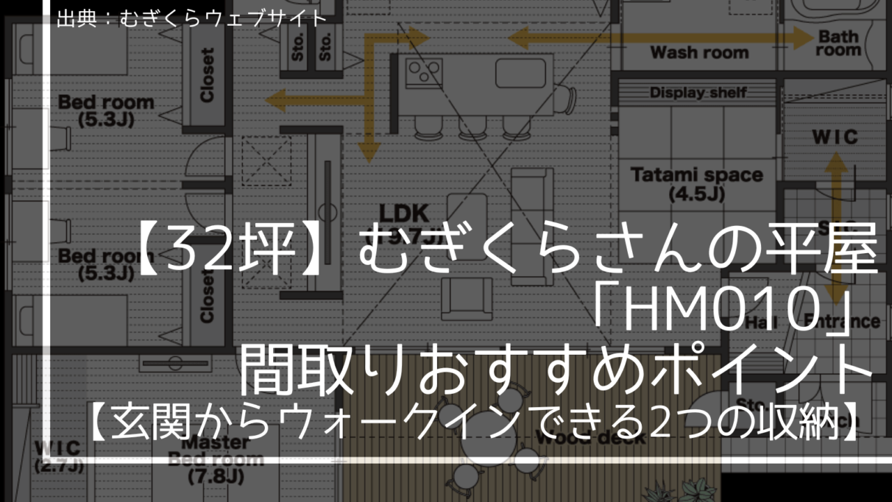 【32坪】むぎくらさんの平屋「HM010」間取りおすすめポイント【玄関からウォークインできる2つの収納】