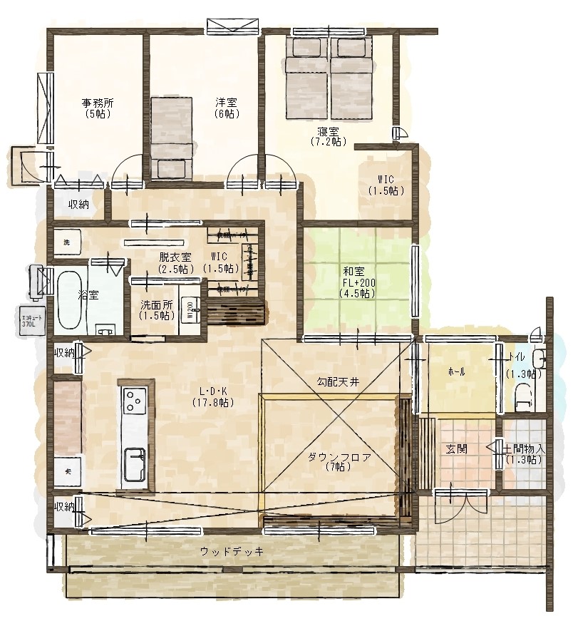 中部住研さんの「ときわ平屋モデルハウス」の間取り図