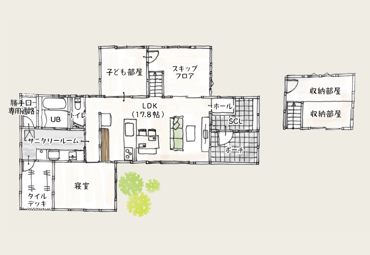 丸竹建設さんの平屋「家族みんなを笑顔にする 高性能×自然素材の家」の間取り図 