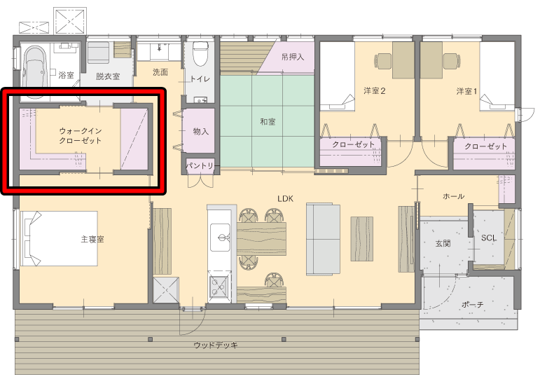 脱衣室へウォークスルーできるクローゼット