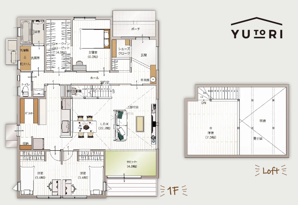 かみくぼ住宅さんの平屋「YUTORI」の間取り