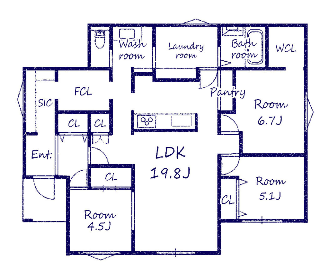 井上地所さんの平屋「ファミリア」の間取り図
