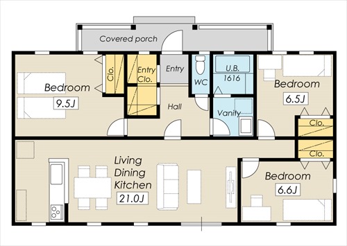 ヴィンテージホームズさんの平屋「サーファーズスタイル」の間取り図