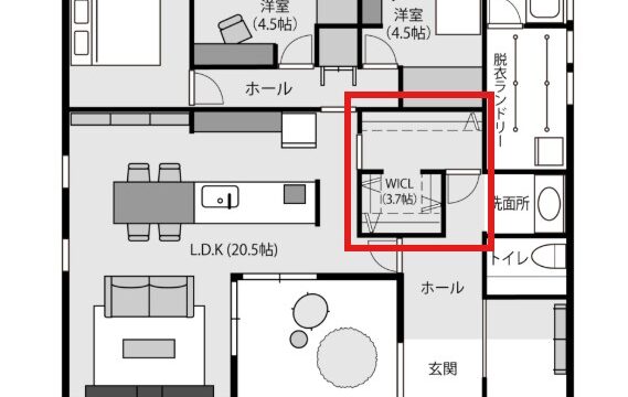 帰宅動線と家事動線の軸となる「中央配置のWICL（3.7帖）」
