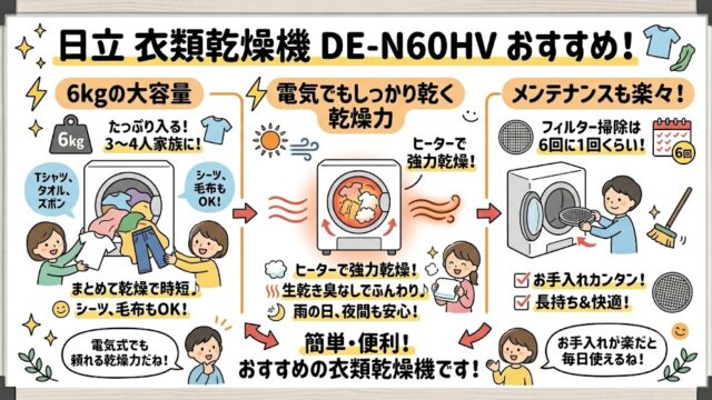 DE-N60HVは、 6kgの大容量 電気でもしっかり乾く乾燥力 メンテナンスも6回に1回くらいの割合でフィルター掃除をするだけ 簡単便利なおすすめの衣類乾燥機です。